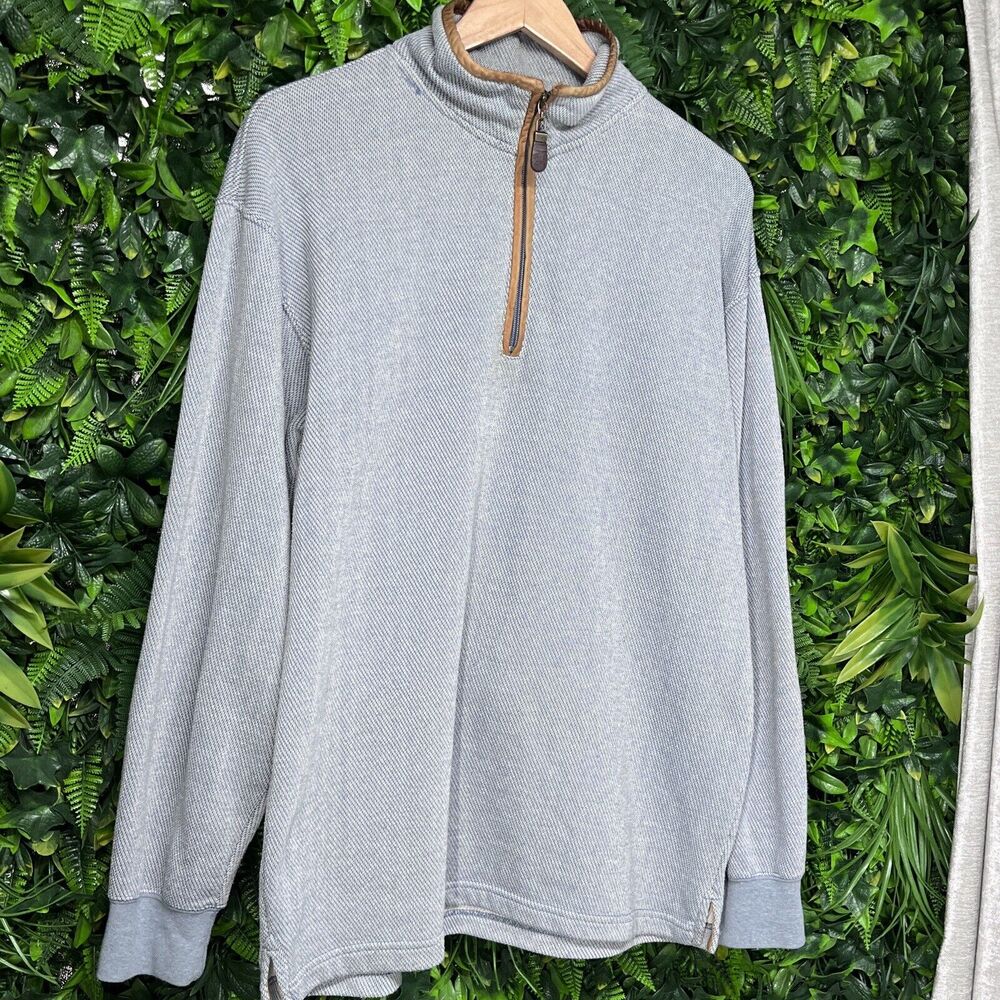 ORVIS Men Tweed Pull Over Medium Blue Sweater 1/4 Zip Leather Trim 2331